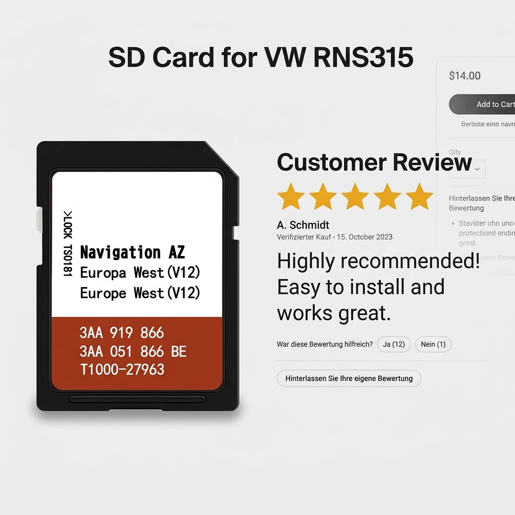 Europe West Sat Nav SD Card for VW RNS315 System Map Update — Fits Golf, Passat, Tiguan, Polo, Touran, Jetta