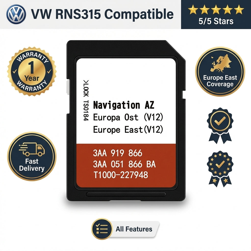 East Europe Sat Nav SD Card for VW RNS315 System — Map Update V12 Fits Golf 6, Passat, Tiguan, Polo, Touran, Amarok (2005-2019) - 2025 Map Update Sat Nav Store