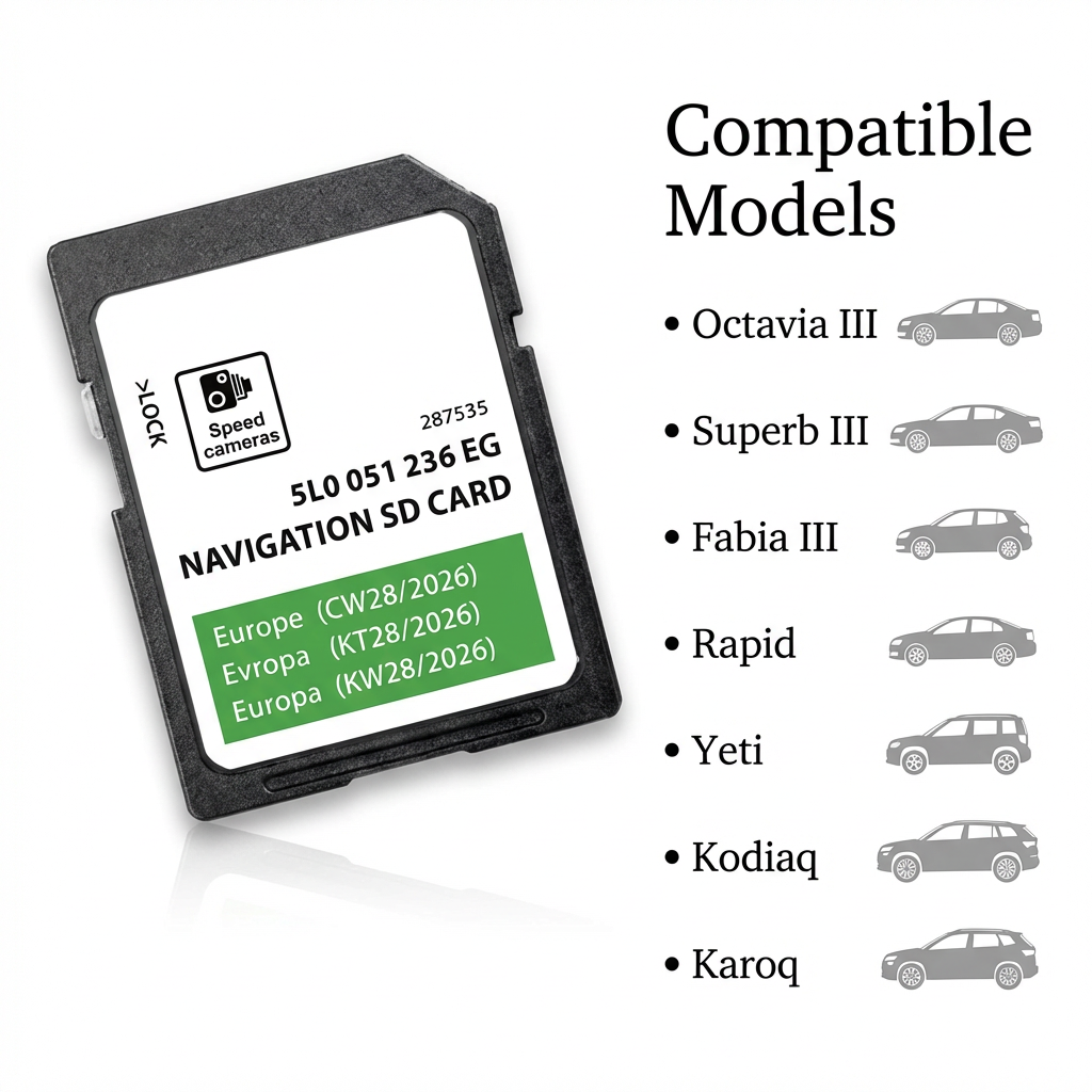 Skoda Amundsen MIB2 Navigation SD Card — 2026 Europe Update 5L0051236EG — Fits Kodiaq/Karoq/Yeti (ONLY for MIB2, NOT for MIB1/Columbus)