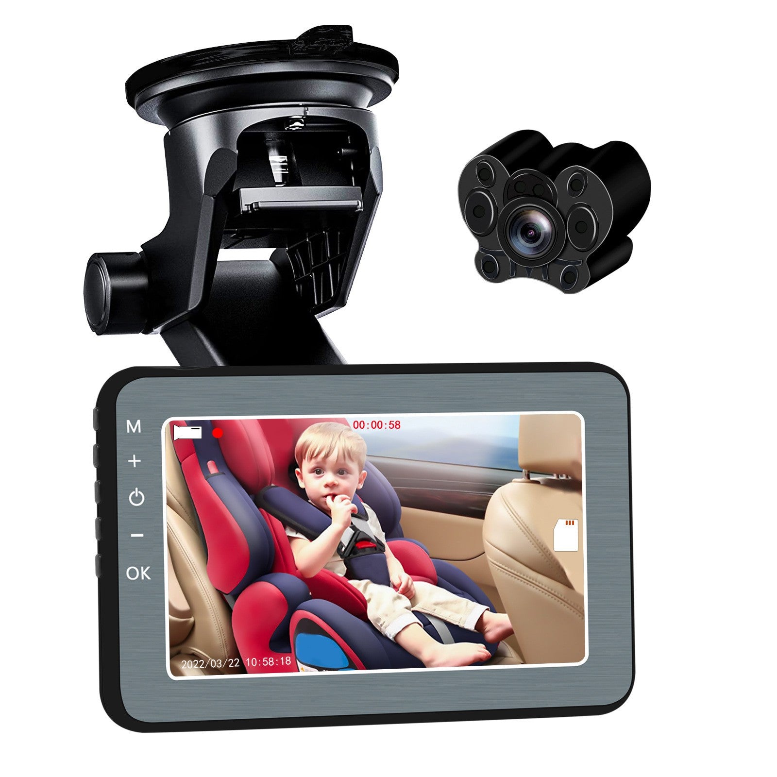 GuardianEye HD baby car monitor display showing a baby in a rear-facing seat with clear night vision.