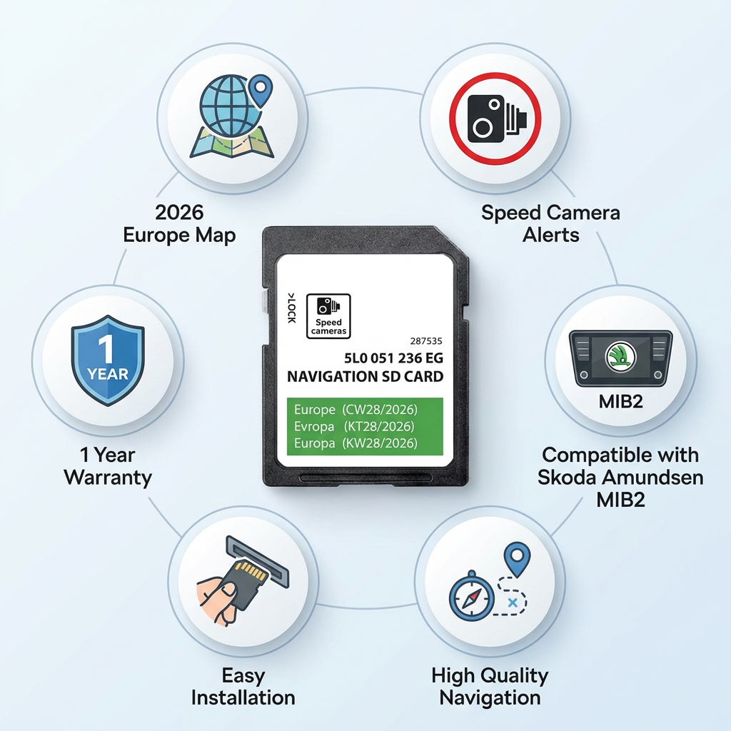 Skoda Amundsen MIB2 Navigation SD Card — 2026 Europe Update 5L0051236EG — Fits Kodiaq/Karoq/Yeti (ONLY for MIB2, NOT for MIB1/Columbus)