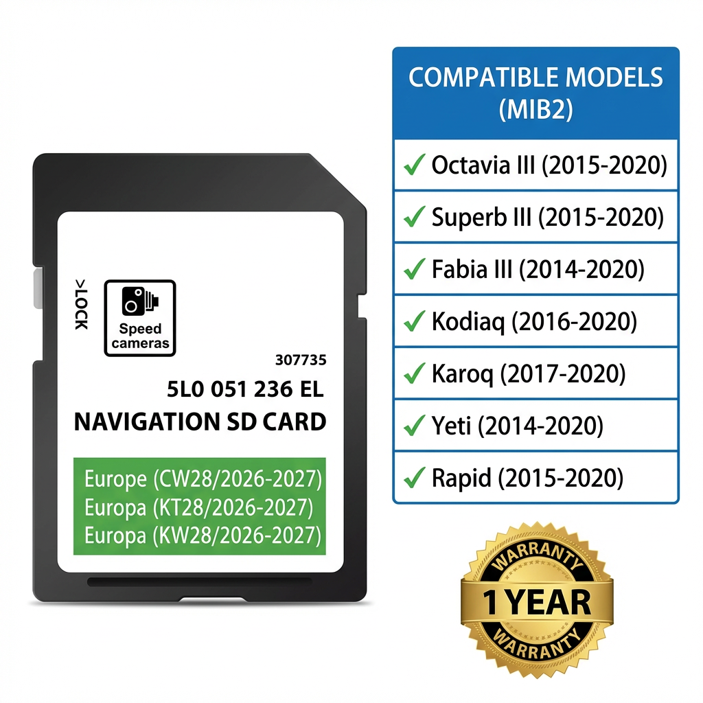 2024-2025 Europe Sat Nav SD Card for Skoda Amundsen MIB2 System — Map Update 5L / 5Q — Fits Octavia, Superb, Kodiaq, Fabia (2015-2020)