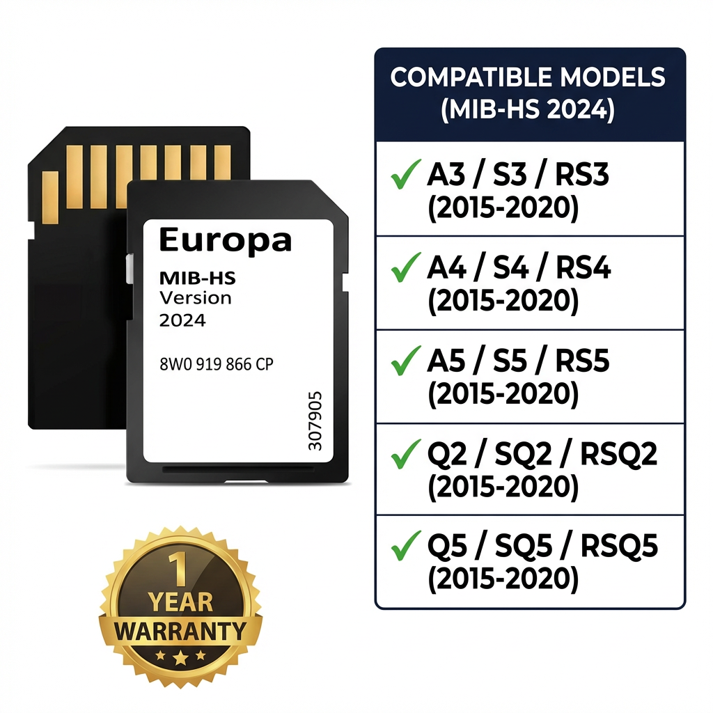 2024 Europe Sat Nav SD Card for Audi MIB-HS System — Map Update 8W0 919 866 CP — Fits A3, A4, A5, Q2, Q5 & S/RS Models (2015-2020)