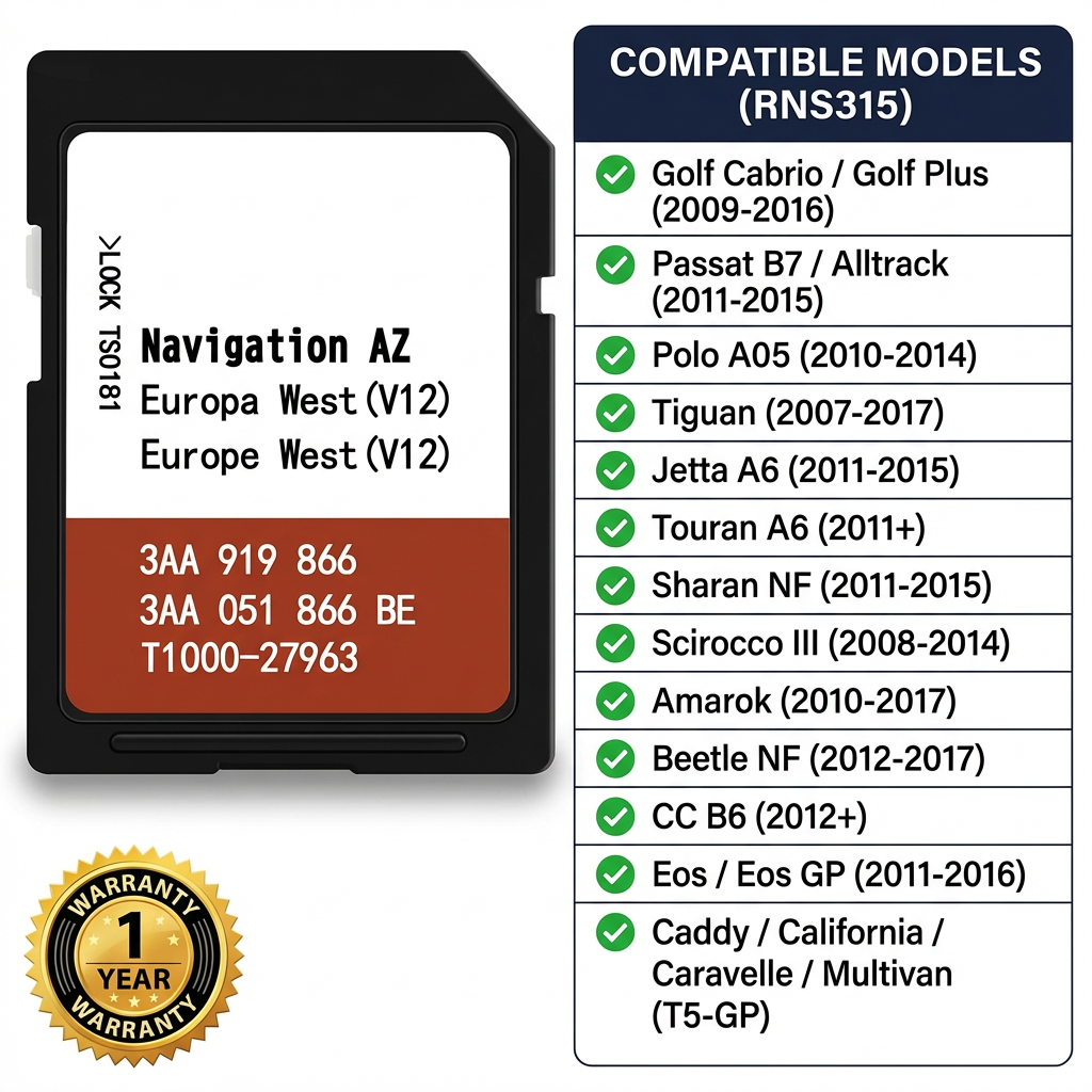 Europe West Sat Nav SD Card for VW RNS315 System Map Update — Fits Golf, Passat, Tiguan, Polo, Touran, Jetta