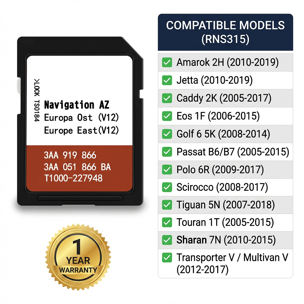 East Europe Sat Nav SD Card for VW RNS315 System — Map Update V12 Fits Golf 6, Passat, Tiguan, Polo, Touran, Amarok (2005-2019)